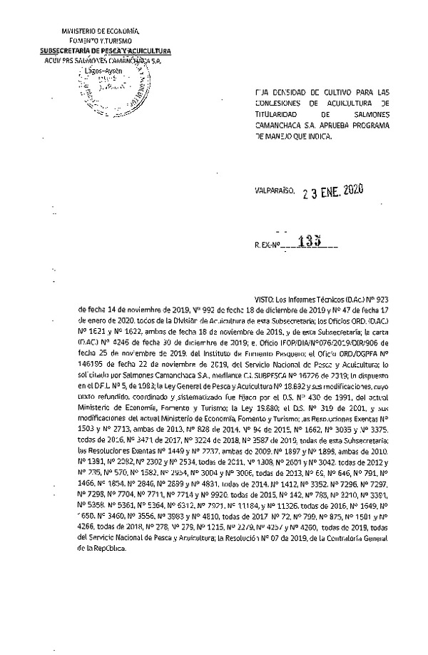 Res. Ex. N° 135-2020 Fija Densidad de Cultivo para las Concesiones de Acuicultura de Titularidad Camanchaca S.A. (Con Informe Técnico) (Publicado en Página Web 27-01-2020)