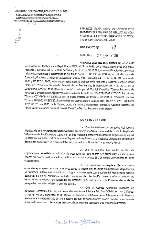 Dec. Ex. N° 13-2020 Establece Cuota Anual de Captura para unidades de Pesquerías de Merluza de Cola, Sometidas a Licencias Transables de Pesca y Aguas Interiores, 2020. (Publicado en Página Web 27-01-2020) (F.D.O. 31-01-2020)