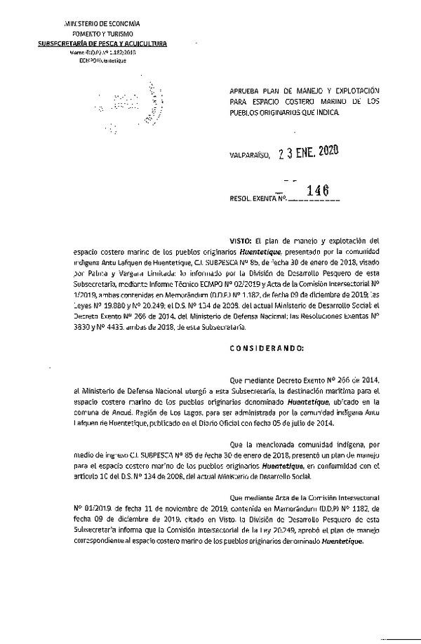 Res. Ex. N° 146-2020 Aprueba Plan de Manejo y Explotación de ECMPO, Huentetíque, Región de Los Lagos. (Publicado en Página Web 27-01-2020)