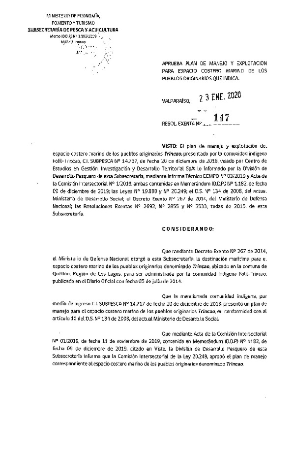 Res. Ex. N° 147-2020 Aprueba Plan de Manejo y Explotación de ECMPO, Trincao, Región de Los Lagos. (Publicado en Página Web 27-01-2020)