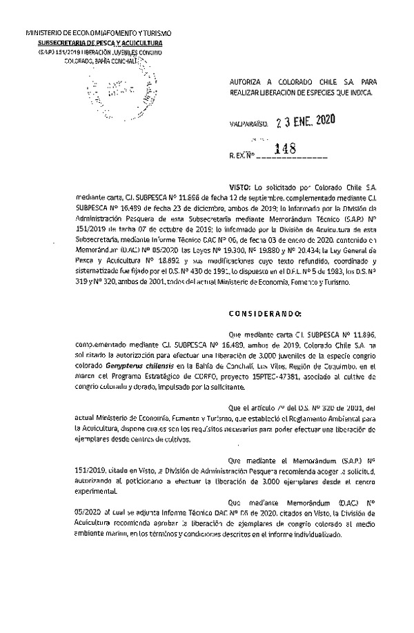 Res. Ex. N° 148-2020 Autoriza liberación de especies juveniles Congrio colorado, IV Región.