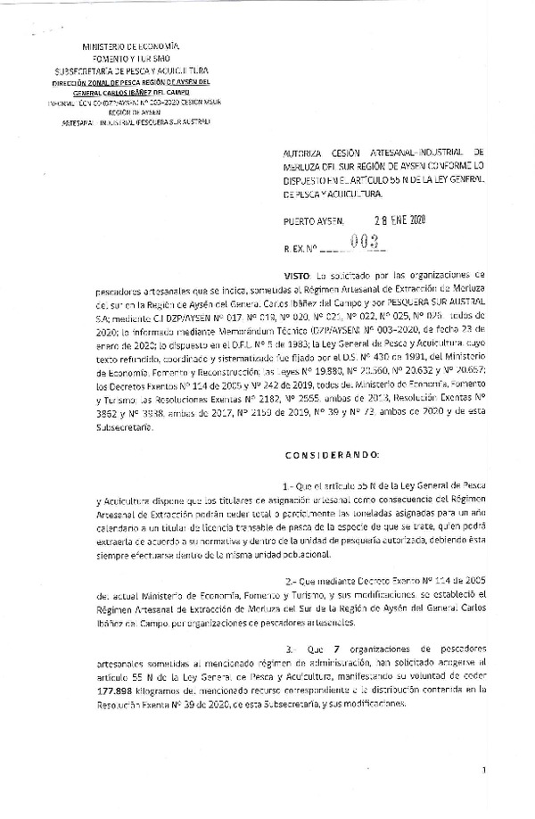 Res. Ex. N° 003-2020 (DZP Región de Aysén) Autoriza cesión Merluza del sur.