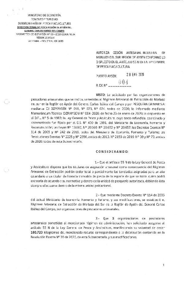 Res. Ex. N° 004-2020 (DZP Región de Aysén) Autoriza cesión Merluza del sur.