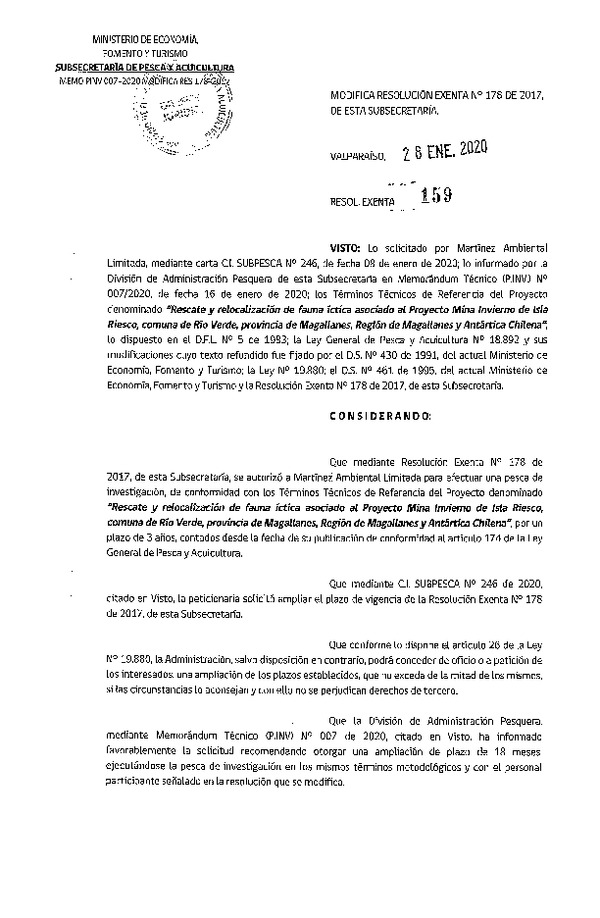 Res. Ex. N° 159-2020 Modifica Res. Ex. N° 178-2017 Rescate y relocalización.