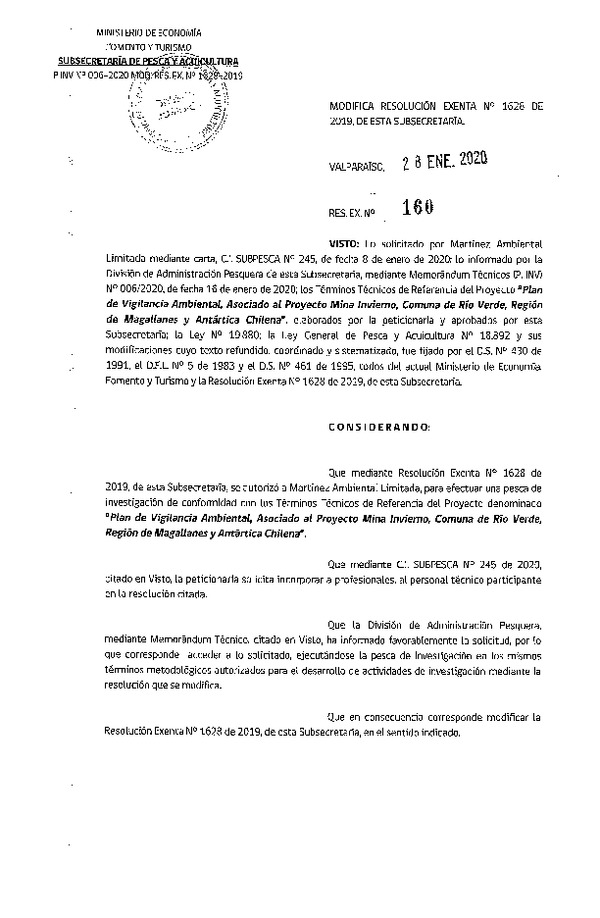 Res. Ex. N° 160-2020 Modifica Res. Ex. N° 1628-2019 Plan de vigilancia ambiental.