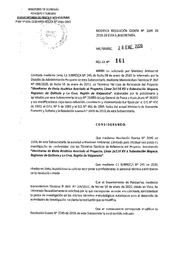 Res. Ex. N° 161-2020 Modifica Res. Ex. N° 3045-2019 Monitoreo biota acuática.