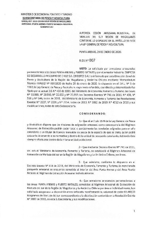 Res. Ex. N° 007-2020 (DZP Región de Magallanes) Autoriza cesión Merluza del sur.