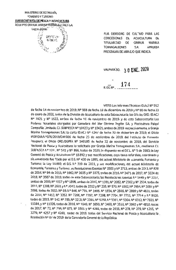 Res. Ex. N° 174-2020 Fija Densidad de Cultivo para las Concesiones de Acuicultura de Titularidad Granja Marina Tornagaleones S.A. (Con Informe Técnico) (Publicado en Página Web 30-01-2020)