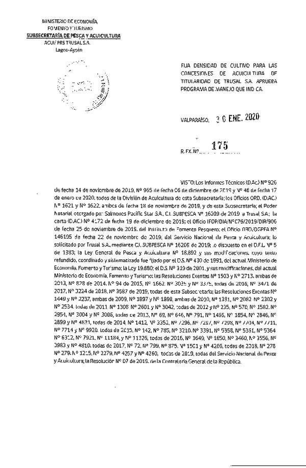 Res. Ex. N° 175-2020 Fija Densidad de Cultivo para las Concesiones de Acuicultura de Titularidad Trusal S.A. (Con Informe Técnico) (Publicado en Página Web 30-01-2020)