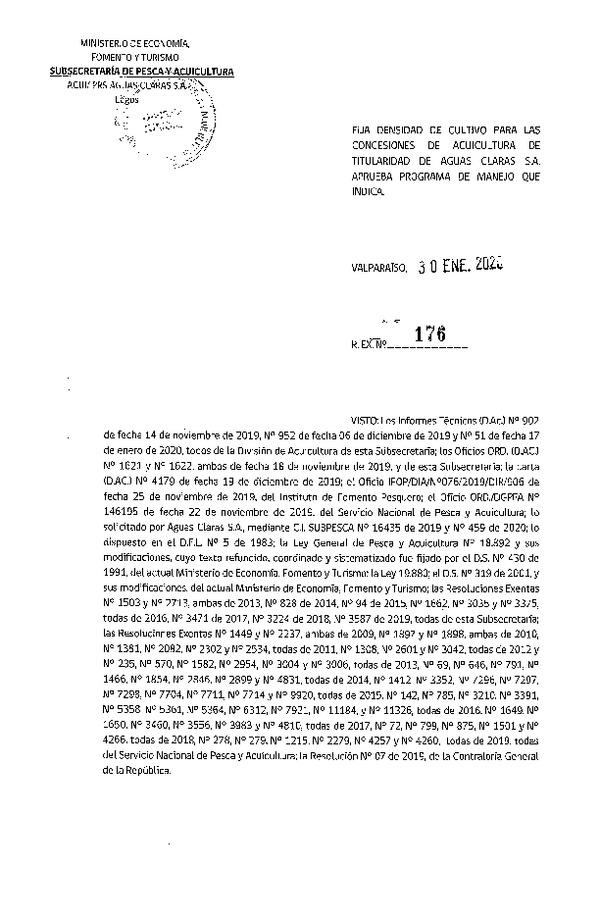 Res. Ex. N° 176-2020 Fija Densidad de Cultivo para las Concesiones de Acuicultura de Titularidad Aguas Claras S.A. (Con Informe Técnico) (Publicado en Página Web 30-01-2020)