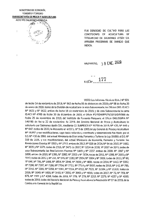 Res. Ex. N° 177-2020 Fija Densidad de Cultivo para las Concesiones de Acuicultura de Titularidad Salmones Aysén S.A. (Con Informe Técnico) (Publicado en Página Web 30-01-2020)