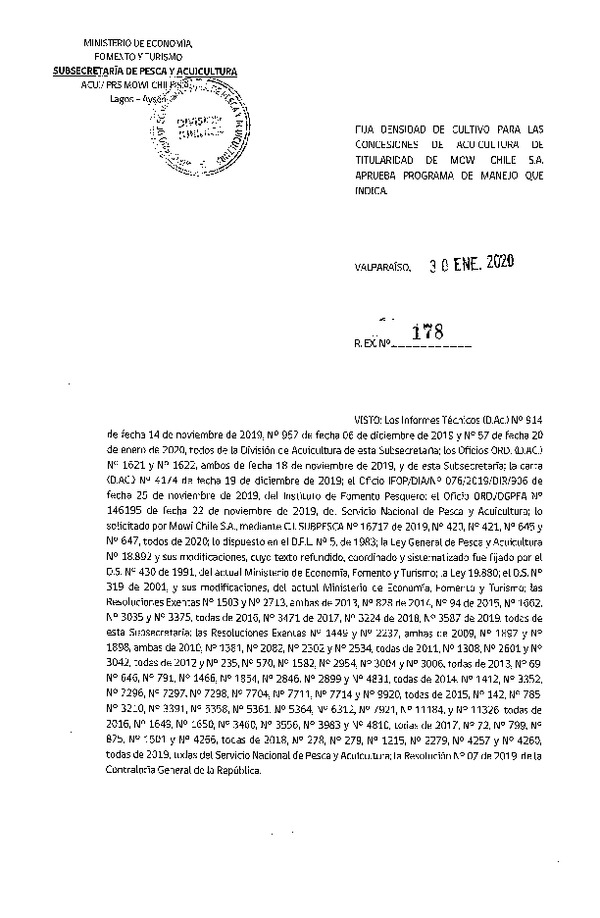 Res. Ex. N° 178-2020 Fija Densidad de Cultivo para las Concesiones de Acuicultura de Titularidad Mowi Chile S.A. (Con Informe Técnico) (Publicado en Página Web 30-01-2020)