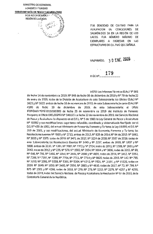 Res. Ex. N° 179-2020 Fija Densidad de Cultivo para la Agrupación de Concesiones de Salmónidos 3A, Región de Los Lagos. (Con Informe Técnico) (Publicado en Página Web 30-01-2020)