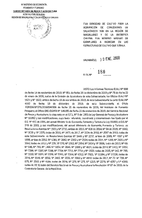 Res. Ex. N° 180-2020 Fija Densidad de Cultivo para la Agrupación de Concesiones de Salmónidos 50B, Región de Magallanes y de la Antártica Chilena. (Con Informe Técnico) (Publicado en Página Web 30-01-2020)