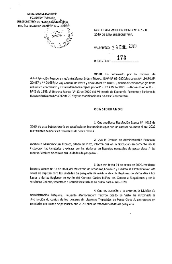 Res. Ex. N° 173-2020 Modifica Res. Ex. N° 4012-2019 Establece Toneladas para Titulares de LTP clase A Año 2020. (Publicado en Página Web 30-01-2020)