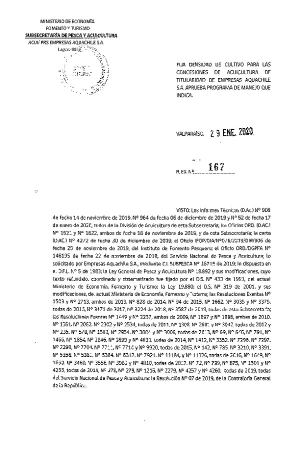 Res. Ex. N° 167-2020 Fija Densidad de Cultivo para las Concesiones de Acuicultura de Titularidad Aquachile S.A. (Con Informe Técnico) (Publicado en Página Web 30-01-2020)