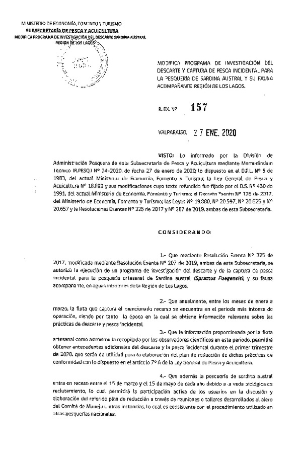 Res. Ex. N° 157-2020 Modifica Res. Ex. N° 325-2017 Autoriza Programa de Investigación de Descarte y Pesca Incidental para Pesquería de Sardina Austral y su Fauna Acompañante, en la X Región. (Publicado en Página Web 31-01-2020) (F.D.O. 26-02-2020)