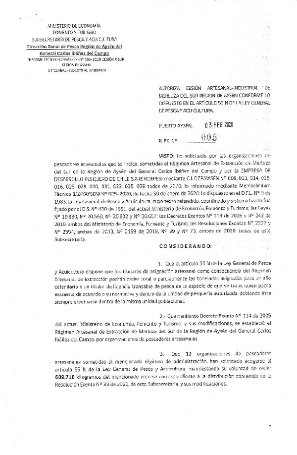 Res. Ex. N° 005-2020 (DZP Región de Aysén) Autoriza cesión Merluza del sur.