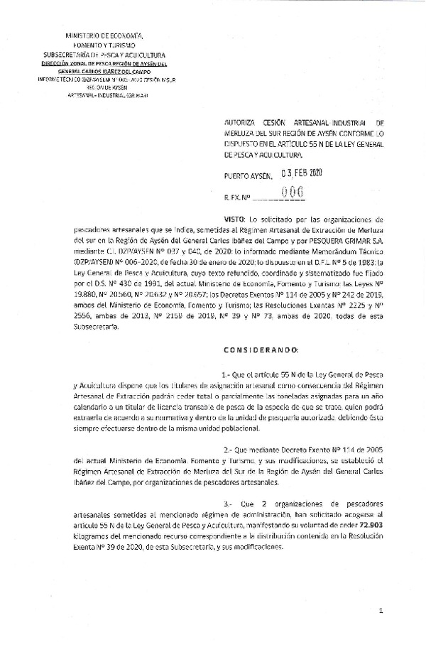 Res. Ex. N° 006-2020 (DZP Región de Aysén) Autoriza cesión Merluza del sur.