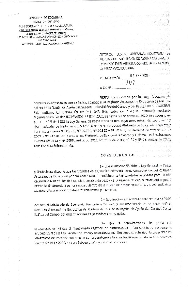 Res. Ex. N° 007-2020 (DZP Región de Aysén) Autoriza cesión Merluza del sur.