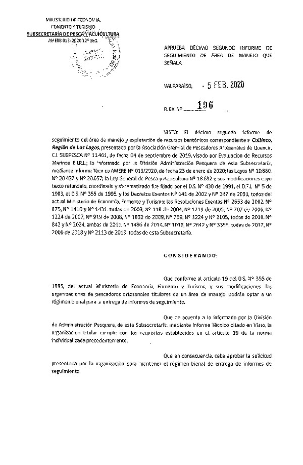 Res. Ex. Nº 196-2020 Aprueba décimo segundo informe de seguimiento de área de manejo que señala