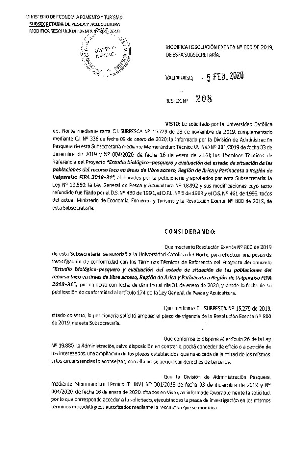 Res. Ex. N° 208-2020, Modifica Resolución Exenta N° 800 de 2019, de esta Subsecretaría.