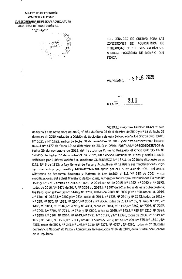 Res. Ex N° 211-2020, Fija densidad de cultivo para las concesiones de acuicultura de titularidad de Cultivo Yadrán S.A., Aprueba programa de manejo que indica. (Con Informe Técnico) (Publicado en Página Web 06-02-2020).