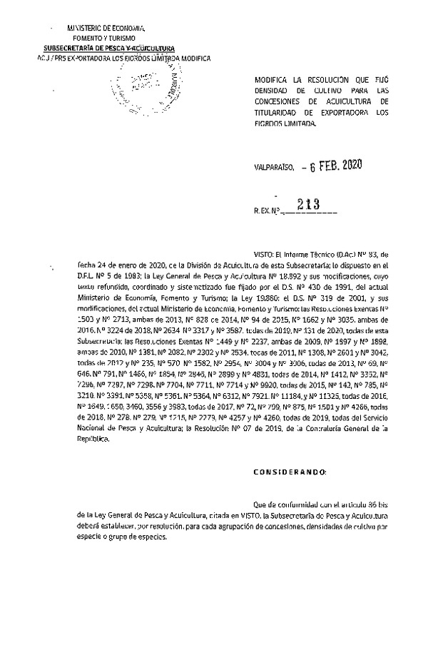 Res. Ex N° 213-2020, Modifica la Resolución que fijó densidad de cultivo para las concesiones de acuicultura de titularidad de Exportadora Los Fiordos Limitada. (Con Informe Técnico) (Publicado en Página Web 06-02-2020).