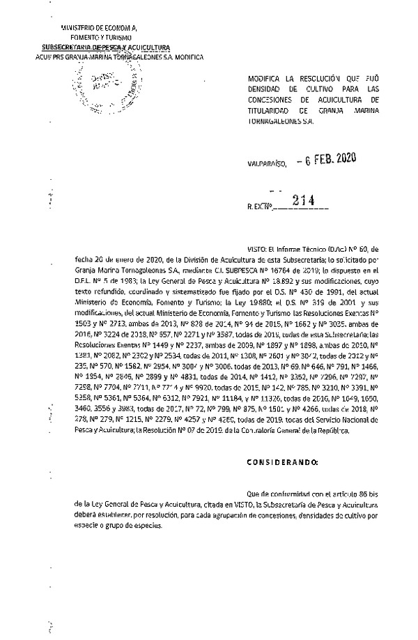 Res. Ex N° 214-2020, Modifica la Resolución que fijó densidad de cultivo para las concesiones de acuicultura de titularidad de Granja Marina Tornagaleones S.A. (Con Informe Técnico) (Publicado en Página Web 06-02-2020).