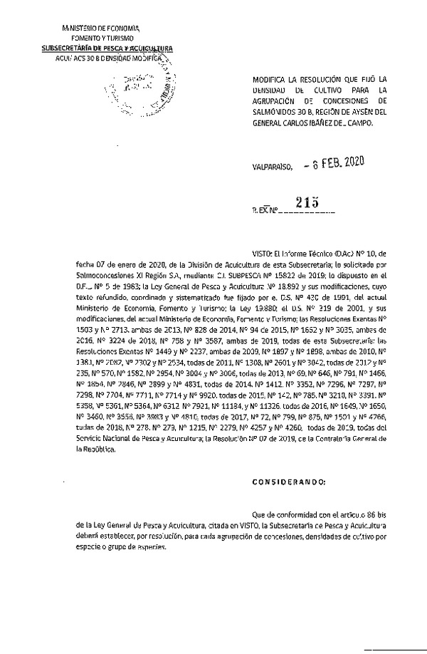 Res. Ex N° 215-2020, Modifica la Resolución que fijó densidad de cultivo para la agrupación de concesiones de salmónidos 30 B, Región de Aysén del General Carlos Ibáñez del Campo. (Con Informe Técnico) (Publicado en Página Web 06-02-2020)(F.D.O. 25-02-2020).