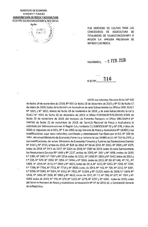 Res. Ex N° 216-2020, Fija densidad de cultivo para las concesiones de acuicultura de titularidad de Salmoconcesiones XI Región, Aprueba programa de manejo que indica. (Con Informe Técnico) (Publicado en Página Web 06-02-2020).