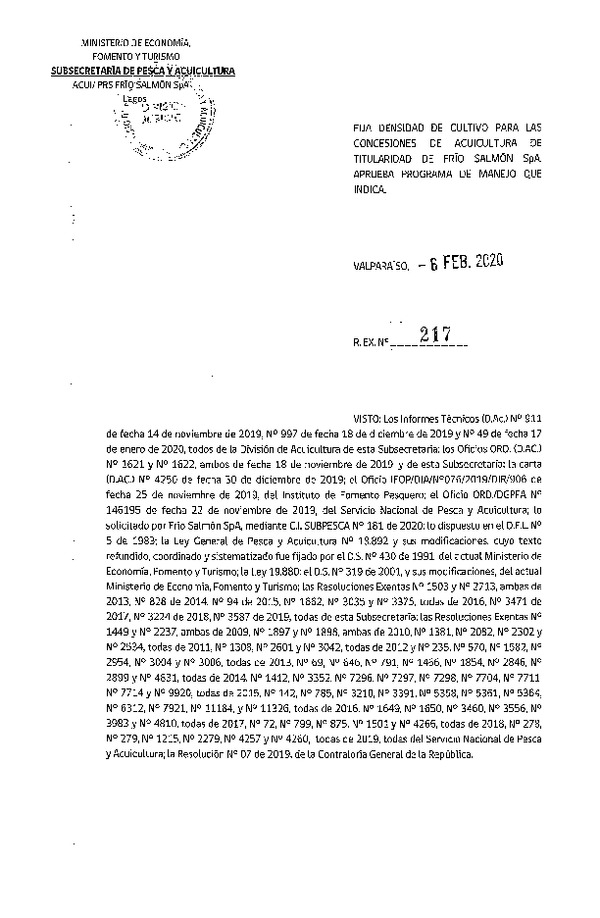 Res. Ex N° 217-2020, Fija densidad de cultivo para las concesiones de acuicultura de titularidad de Frío Salmón SpA., Aprueba programa de manejo que indica. (Con Informe Técnico) (Publicado en Página Web 06-02-2020).