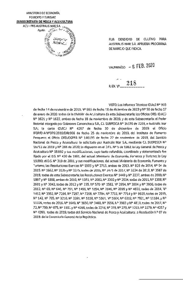 Res. Ex N° 218-2020, Fija densidad de cultivo para Australis Mar S.A., Aprueba programa de manejo que indica. (Con Informe Técnico) (Publicado en Página Web 06-02-2020).