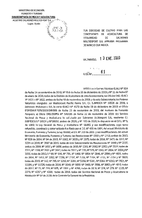 Res. Ex N° 41-2020, Fija densidad de cultivo para las concesiones de acuicultura de titularidad de Salmones MULTIEXPORT S.A., aprueba programa de manejo que indica. (Con Informe Técnico) (Publicado en Página Web 07-02-2020).