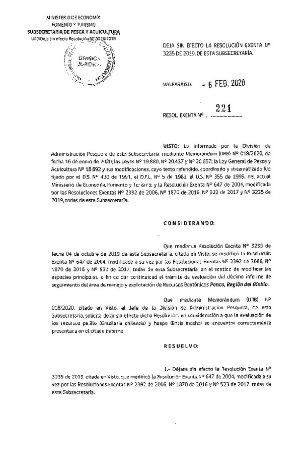 Res. Ex. N° 221-2020, Deja sin efecto la Resolución exenta N° 3235 de 2019, de esta Subsecretaría.