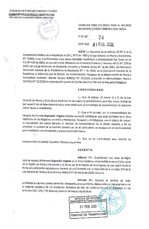 Dec. Ex. N° 24-2020, Establece veda biológica para el recurso anchoveta en área y período que indica. (Publicado en Página Web 07-02-2020) (F.D.O. 13-02-2020).