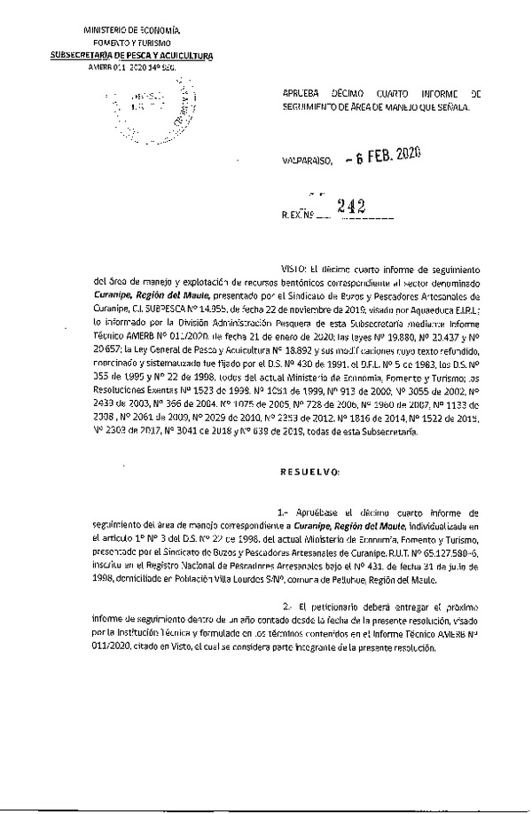 Res. Ex. N° 242-2020, Aprueba Décimo cuarto informe de seguimiento de área de manejo que señala.