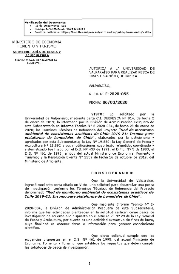 Res N° E-2020-055, del 7-2-20, Autoriza a la Universidad de Valparaíso para realizar pesca de  investigación que indica. (Publicado en Página Web 07-02-2020).