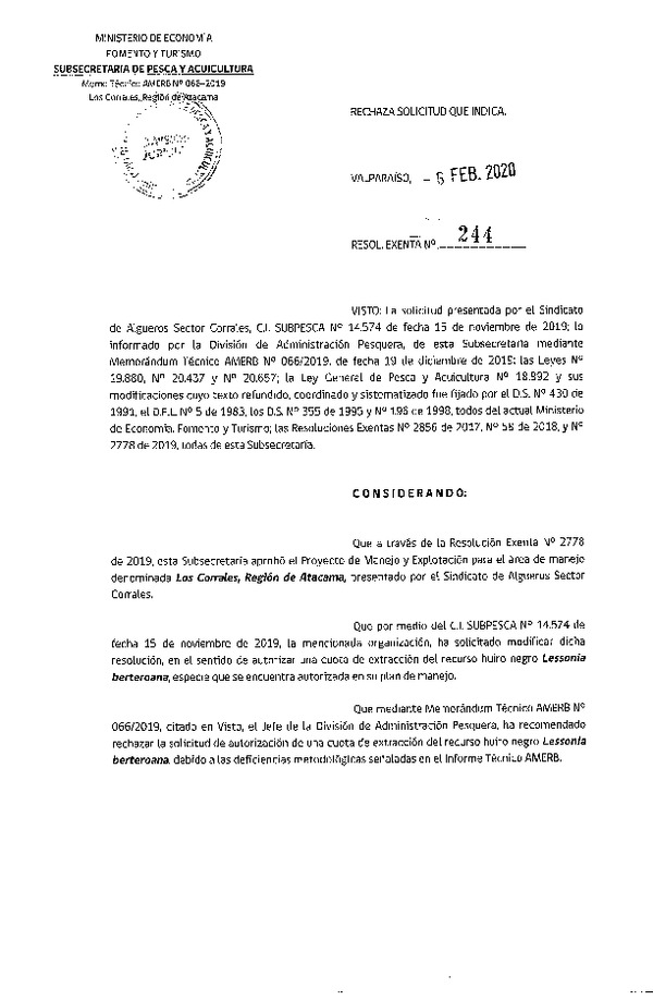 Res. Ex. N° 244-2020, Rechaza solicitud que indica.