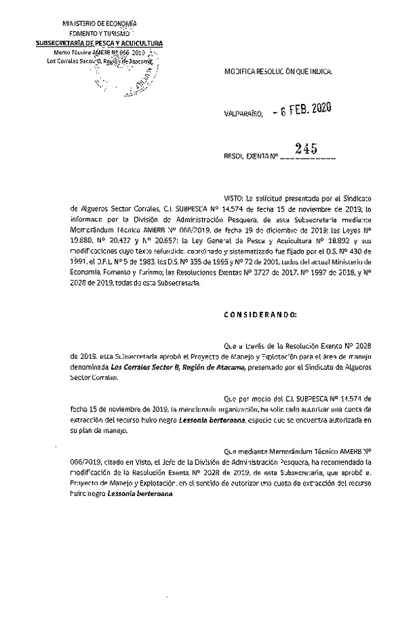 Res. Ex. N° 245-2020, Modifica resolución que indica.