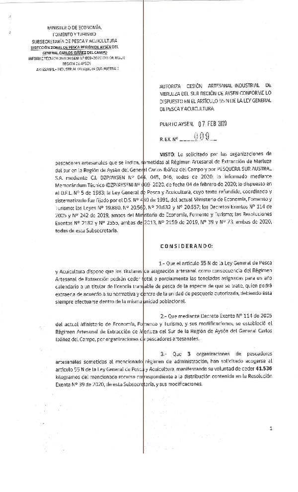 Res. Ex. N° 009-2020 (DZP Región de Aysén) Autoriza cesión Merluza del sur.