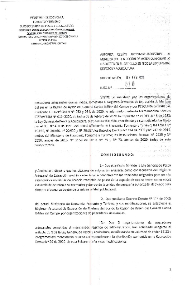 Res. Ex. N° 010-2020 (DZP Región de Aysén) Autoriza cesión Merluza del sur.