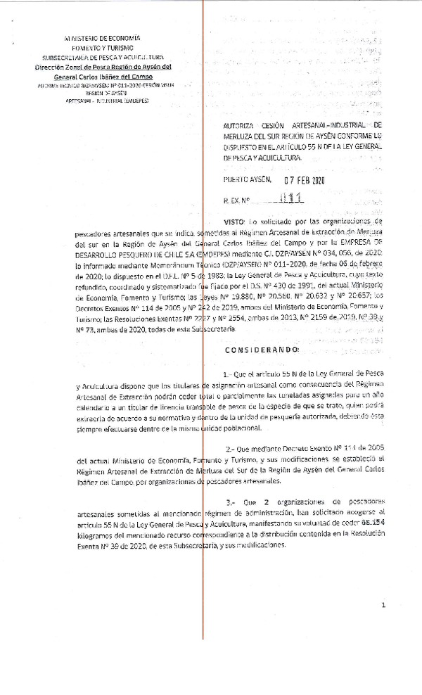 Res. Ex. N° 011-2020 (DZP Región de Aysén) Autoriza cesión Merluza del sur.