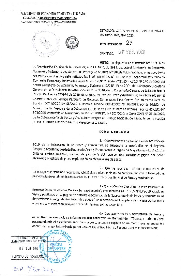 Dec. Ex. N° 25-2020, Establece cuota anual de captura para el recurso Jibia, año 2020. (Publicado en Página Web 10-02-2020)(F.D.O. 13-02-2020).