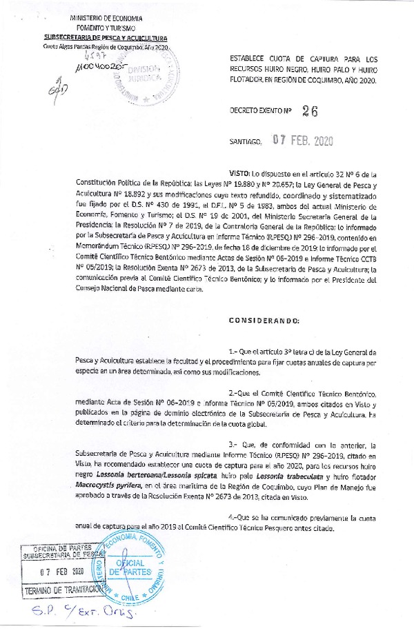 Dec. Ex. N° 26-2020, Establece cuota de captura para los recursos Huiro Negro, Huiro Palo y Huiro Flotador, en región de Coquimbo, año 2020. (Publicado en Página Web 10-02-2020)(F.D.O. 13-02-2020).