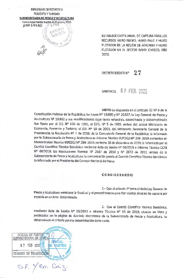 Dec. Ex. N° 27-2020, Establece cuota anual de captura para los recursos Huiro negro, Huiro palo y Huiro Flotador en la región de Atacama y Huiro Flotador en el sector bahía Chasco, año 2020. (Publicado en Página Web 10-02-2020)(F.D.O. 13-02-2020).