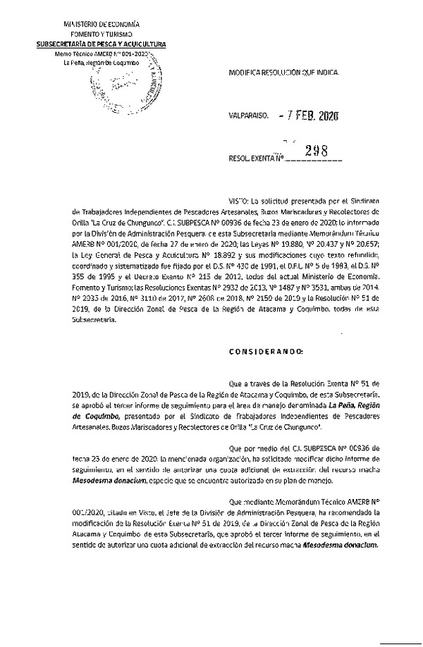 Res. Ex Nº 298-2020, Modifica Resolución que indica.