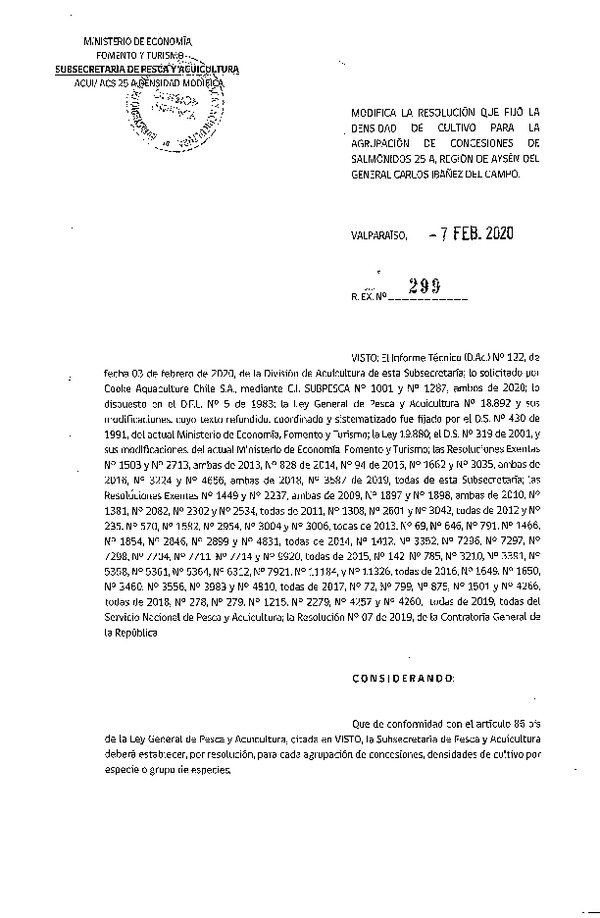 Res. Ex Nº 299-2020, Modifica la Resolución que fijó la densidad de cultivo para la agrupación de concesiones de Salmónidos 25 A, Región de Aysén del General Carlos Ibáñez del Campo. (Con Informe Técnico) (Publicado en Página Web 10-02-2020)(F.D.O. 25-02-2020).