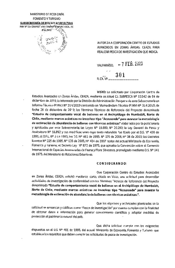 Res. Ex. N° 301-2020, Autoriza a corporación Centro de Estudios avanzados en zonas Áridas, Ceaza, para realizar pesca de investigación que indica. (Publicado en Página Web 10-02-2020).