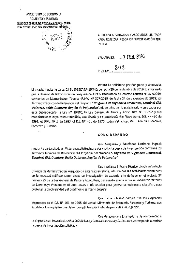 Res. Ex. N° 302-2020, Autoriza a Sanguesa y Asociados Limitada, para realizar pesca de investigación que indica. (Publicado en Página Web 10-02-2020).